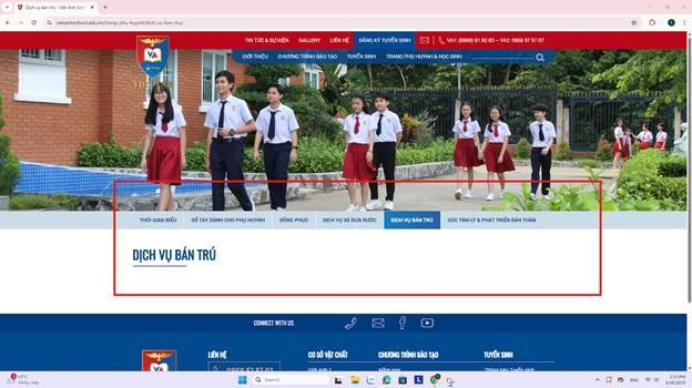 Dịch vụ bán trú cũng không được hiển thị thông tin trên website nhà trường. Ảnh chụp màn hình ngày 26/5. Dịch vụ bán trú cũng không được hiển thị thông tin trên website nhà trường. Ảnh chụp màn hình ngày 26/5.