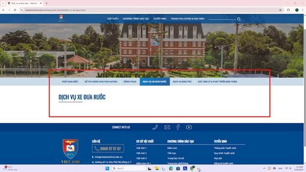 Dịch vụ xe đưa rước cũng không được hiển thị thông tin trên website nhà trường. Ảnh chụp màn hình ngày 26/5. Dịch vụ xe đưa rước cũng không được hiển thị thông tin trên website nhà trường. Ảnh chụp màn hình ngày 26/5.
