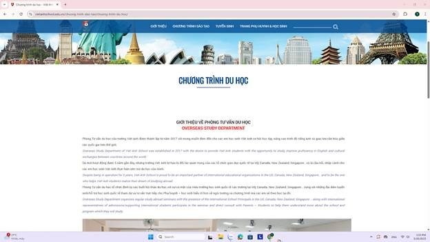 Chương trình du học được giới thiệu trên website nhà trường. Ảnh chụp màn hình ngày 26/5. Chương trình du học được giới thiệu trên website nhà trường. Ảnh chụp màn hình ngày 26/5.