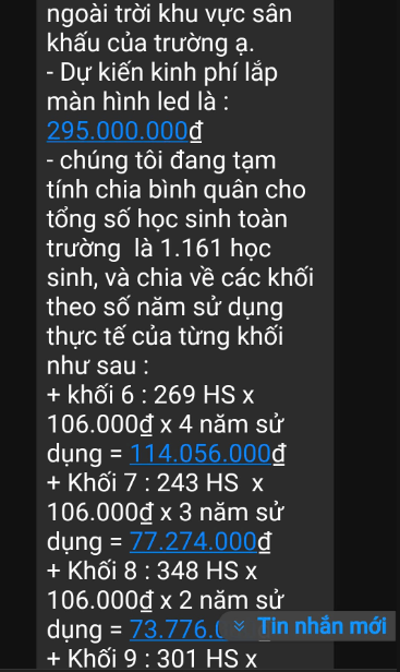 Thông báo dự kiến kinh phí lắp màn hình led là 295.000.000 đồng và đang tạm tính chia bình quân cho tổng số học sinh toàn trường là 1.161 học sinh. Ảnh: Ảnh: Phụ huynh cung cấp.