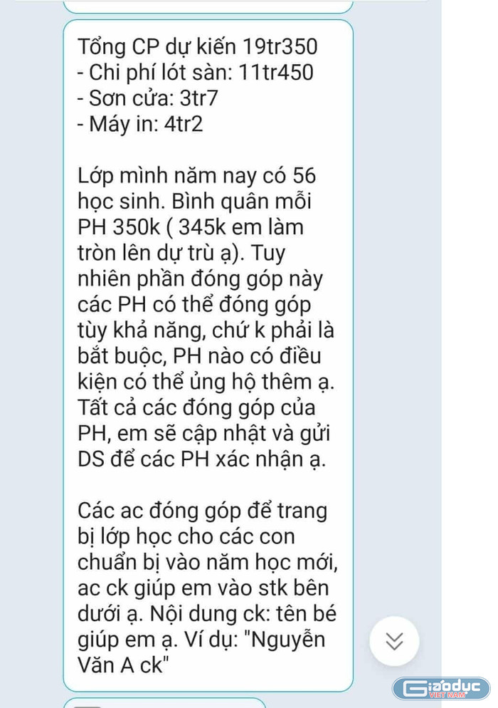 Trích tin nhắn trong nhóm zalo phụ huynh lớp 4/2 Trường tiểu học Chi Lăng. Ảnh do bạn đọc cung cấp. gdvn-th-chi-lang.jpg