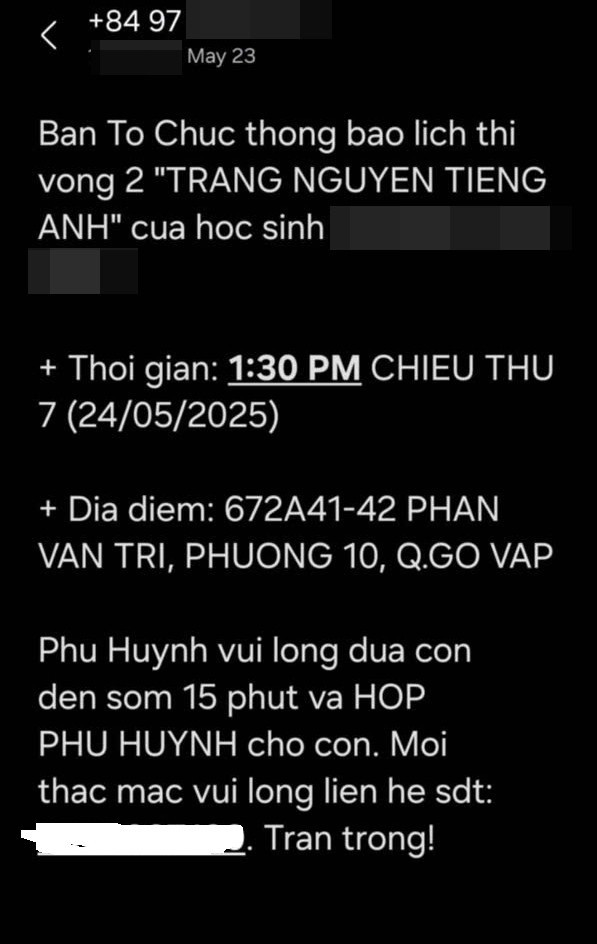 Nội dung thông báo từ Ban tổ chức cuộc thi "Trạng nguyên tiếng Anh" tới phụ huynh Trường Tiểu học An Hội. Ảnh: Độc giả cung cấp phu-huynh-tieu-hoc-an-hoi-to-trung-tam-tieng-anh-res-to-chuc-cuoc-thi-trang-nguyen-tieng-anh-12.jpg
