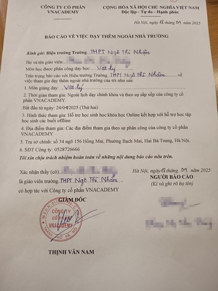 Thông tin nhà trường gửi phóng viên nhưng lãnh đạo Công ty thì cho biết chưa đăng ký hoạt động dạy thêm tại cơ sở giáo viên Trường trung học phổ thông Ngô Thì Nhậm dạy. Ảnh nhà trường cung cấp bao-cao-day-them.jpg