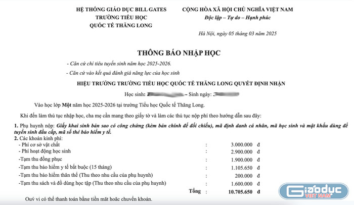Năm học 2024 - 2025 việc tuyển sinh khi không được giao chỉ tiêu đã gây ra nhiều hệ luỵ chưa được giải quyết. Trong danh sách giao chỉ tiêu năm học 2025-2026 ngày 31/3/2025 với các trường tư thục tại phường Định Công, không có tên Trường Tiểu học Quốc tế Thăng Long. Tuy nhiên, trước đó, trường này vẫn tuyển sinh và ra thông báo nhập học. Ảnh: Phụ huynh cung cấp. gdvn-billgate.png