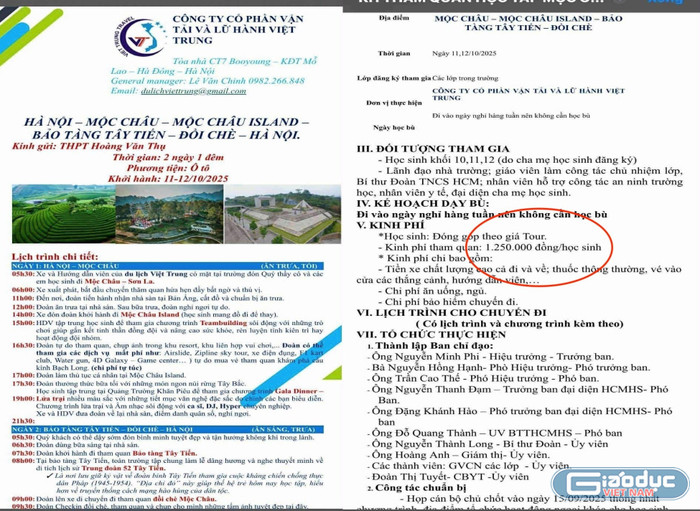 Chi phí chuyến đi 2 ngày 1 đêm của học sinh Trường Trung học phổ thông Hoàng Văn Thụ do Công ty cổ phần lữ hành và vận tải Việt Trung tổ chức có mức giá 1.250.000 đồng. gdvn-thpt-hoang-van-thu-di-moc-chau.jpg