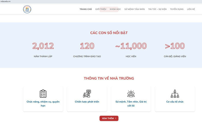 Một số thông tin được quảng bá trên website của "Trường Quản trị doanh nghiệp Việt Nam". Ảnh chụp màn hình. truong-quan-tri-doanh-nghiep-viet-nam.jpg
