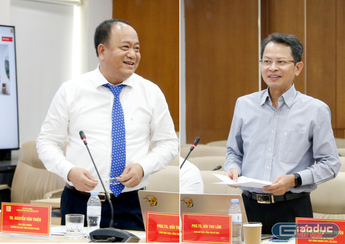 Tiến sĩ Nguyễn Văn Thiện - Phó Hiệu trưởng Trường Đại học Công nghiệp Hà Nội (bên trái) và Phó Giáo sư, Tiến sĩ Bùi Thu Lâm - Phó Chủ tịch kiêm Tổng Thư ký FISU Việt Nam (bên phải) điều hành phiên toàn thể. gdvn-dieu-hanh.jpg