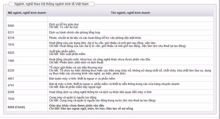 Ảnh chụp màn hình từ Cổng thông tin quốc gia về đăng ký doanh nghiệp.