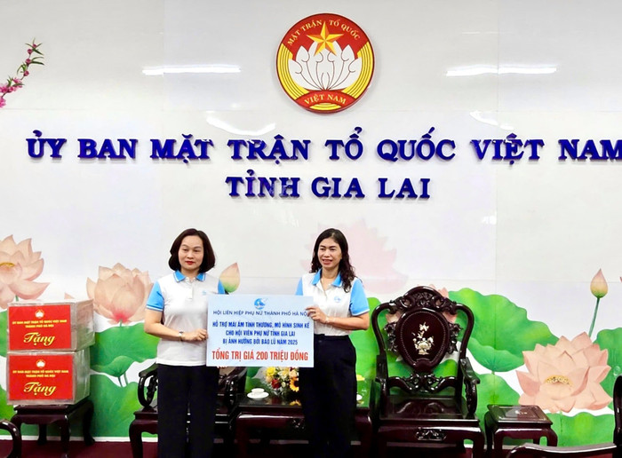 Phó Chủ tịch Thường trực Hội Liên hiệp phụ nữ thành phố Hà Nội Phạm Thị Thanh Hương trao biển hỗ trợ mái ấm tình thương, mô hình sinh kế đến đại diện Hội Liên hiệp phụ nữ tỉnh Gia Lai. Ảnh: hanoi.gov.vn.
