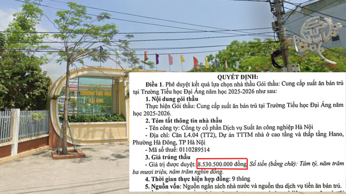 Công ty cổ phần Dịch vụ Suất ăn công nghiệp Hà Nội trúng gói thầu hơn 8,5 tỷ đồng tại Trường Tiểu học Đại Áng.