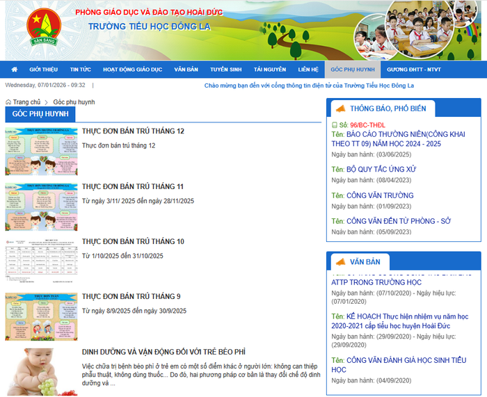 Khảo sát ngày 07/01/2026, thực đơn mới nhất được cập nhật tại “Góc phụ huynh” vẫn chỉ hiển thị là “Thực đơn bán trú tháng 12”. Ảnh chụp màn hình.