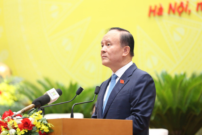Chủ tịch Hội đồng nhân dân thành phố Nguyễn Ngọc Tuấn phát biểu khai mạc phiên chất vấn. Ảnh: hanoimoi.vn. thanh1.jpg