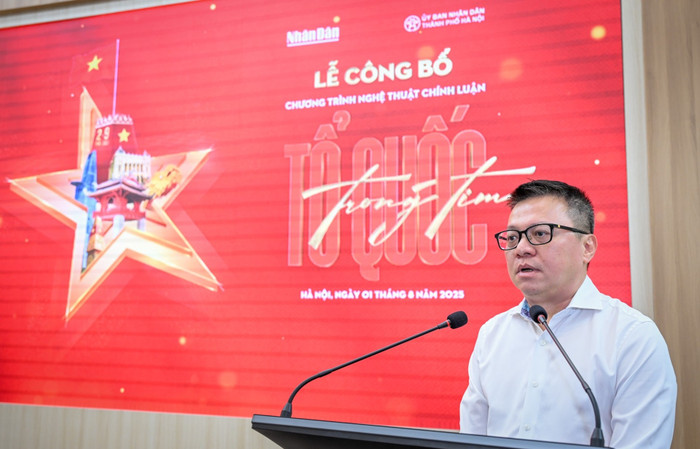 Tổng Biên tập Báo Nhân Dân, Chủ tịch Hội Nhà báo Việt Nam Lê Quốc Minh phát biểu. Ảnh: Báo Nhân Dân. le-quoc-minh-concert.jpg