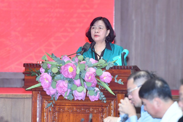 Bí thư Thành ủy Hà Nội Bùi Thị Minh Hoài phát biểu tại buổi làm việc. Ảnh: nhandan.vn. a5-dsc-3510.jpg