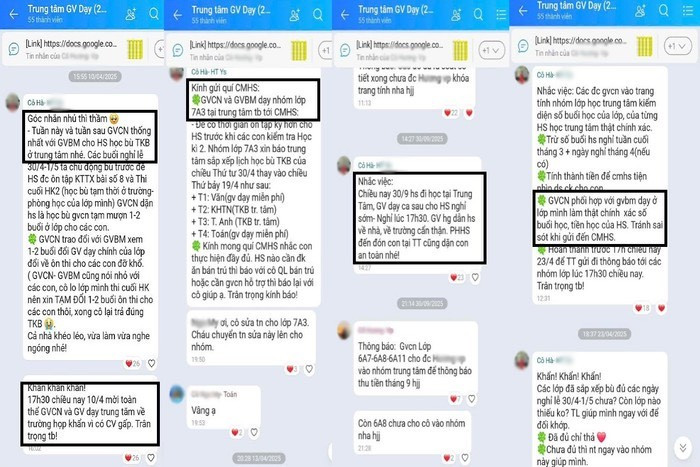 Các đoạn nhắn tin trong nhóm zalo của người tên &quot;Hà&quot; có đề cập đến GVCN (giáo viên chủ nhiệm - PV) và GVBM (giáo viên bộ môn - pv) dạy tại trung tâm. Ảnh: Độc giả cung cấp