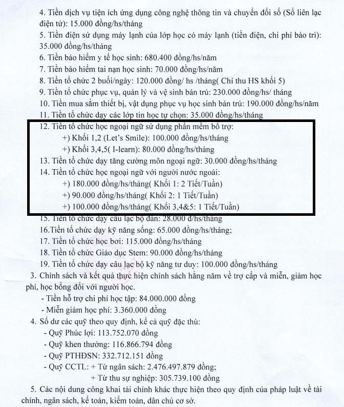 Các thông tin về mức thu đối với các khoản của hoạt động tiếng Anh liên kết tại Trường Tiểu học Nguyễn Văn Nở, không thấy thông tin các khoản chi. Ảnh chụp màn hình Các thông tin về mức thu đối với các khoản của hoạt động tiếng Anh liên kết tại Trường Tiểu học Nguyễn Văn Nở, không thấy thông tin các khoản chi. Ảnh chụp màn hình