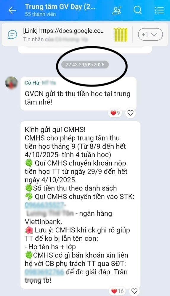Tin nhắn của người tên &quot;Hà&quot; về việc thu tiền học tại trung tâm vào tài khoản cá nhân. Thời điểm thông báo trong nhóm zalo là ngày 29/9/2025. Ảnh: Độc giả cung cấp