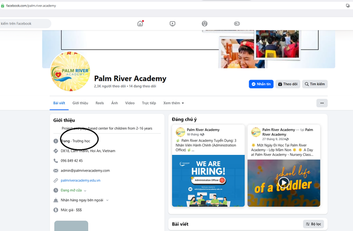 Trên fanpage "Palm River Academy" đánh dấu là trang "trường học". Ảnh chụp màn hình screenshot-2025-07-24-105904.png