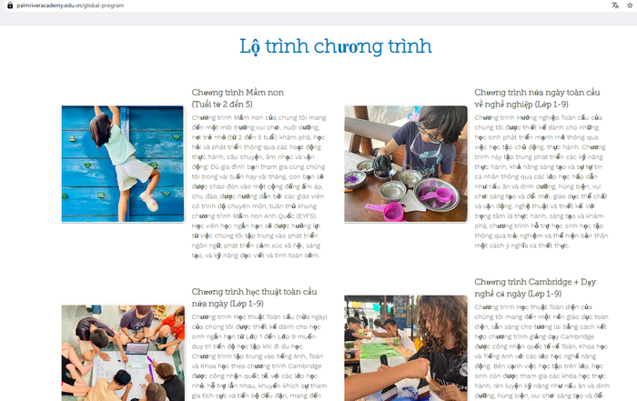 Mục lộ trình chương trình trên website có thể hiện chương trình Cambridge + Dạy nghề cả ngày (lớp 1-9). Theo nhân viên tư vấn, chương trình này sẽ học từ 2 đến thứ 6. Ảnh chụp màn hình screenshot-2025-08-05-132359.png