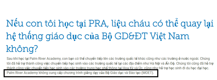 Trên website của Palm River Hội An nêu rõ, không cung cấp chương trình giảng dạy của Bộ Giáo dục và Đào tạo. Người học vẫn có thể được hỗ trợ chuyển tiếp vào các trường quốc tế tại Hà Nôi hoặc các trường trung học phổ thông tại Hoa Kỳ và Úc. Ảnh chụp màn hình screenshot-2025-08-05-153350.png