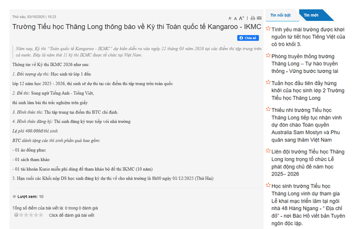 Thông báo đăng ký của Trường Tiểu học Thăng Long (phường Hoàn Kiếm, Hà Nội). Ảnh chụp màn hình th-thang-long.png