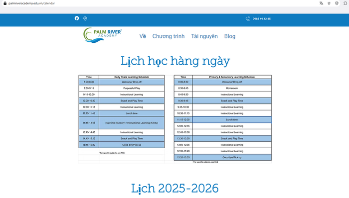 Lịch học hàng ngày và các nội dung của Palm River Hội An đăng tải trên website "palmriveracademy.edu.vn" vẫn còn nguyên trên web. Ảnh chụp màn hình ngày 12/8 screenshot-2025-08-12-144606.png