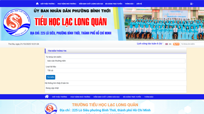 Hệ thống thông báo tìm thấy 0 văn bản khi tìm kiếm theo từ khóa "báo cáo thường niên". Ảnh chụp màn hình lac-long-quan-1.png