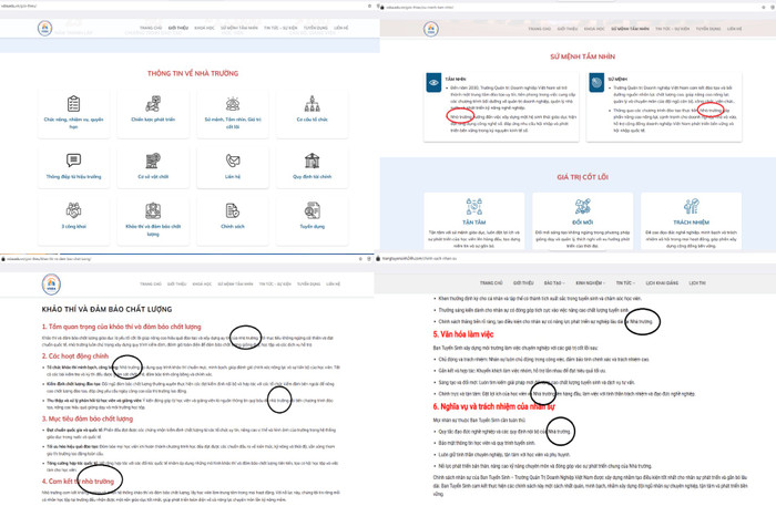 Cụm từ "Nhà trường" được sử dụng nhiều lần trên website "vsba.edu.vn". Ảnh chụp màn hình z6793863220372-9d9575ab5e047f0aa5a9070a92861f47-1.jpg
