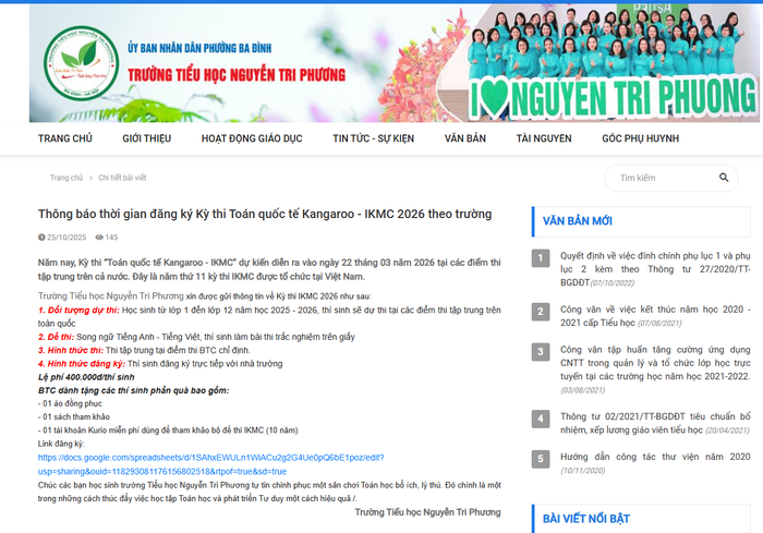 Thông báo của Trường Tiểu học Nguyễn Tri Phương (phường Ba Đình, Hà Nội). Ảnh: Chụp màn hình ng-tri-phuong.png