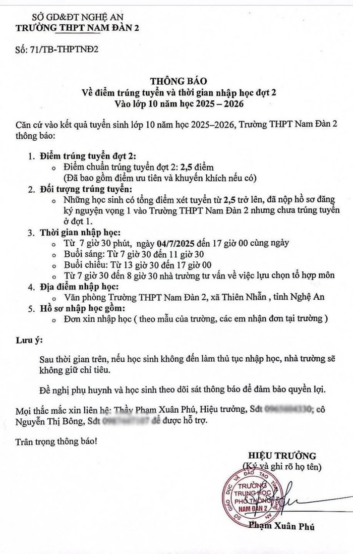 Thông báo về điểm trúng tuyển đợt 2 của Trường Trung học phổ thông Nam Đàn 2 gây sự chú ý. Ảnh chụp màn hình z6767814627826-a7e0fe4653e132c01aadfe9cfa812731.png