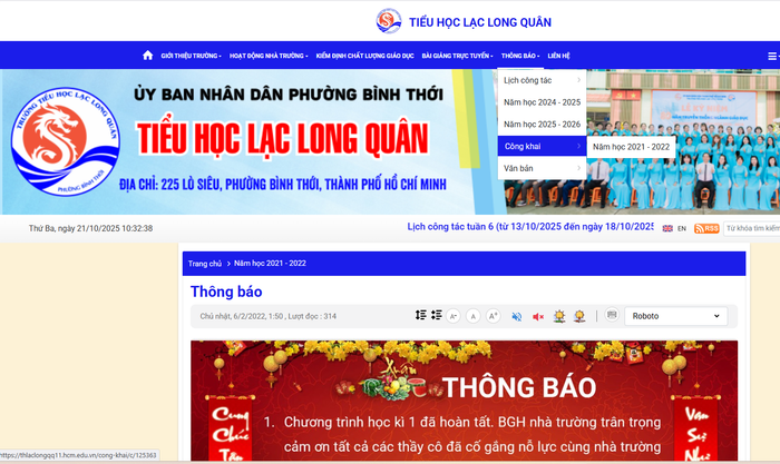 Khi truy cập vào công khai năm học 2021 - 2022 thì nội dung thông tin không có các biểu mẫu công khai theo quy định. Ảnh chụp màn hình llq-2.png