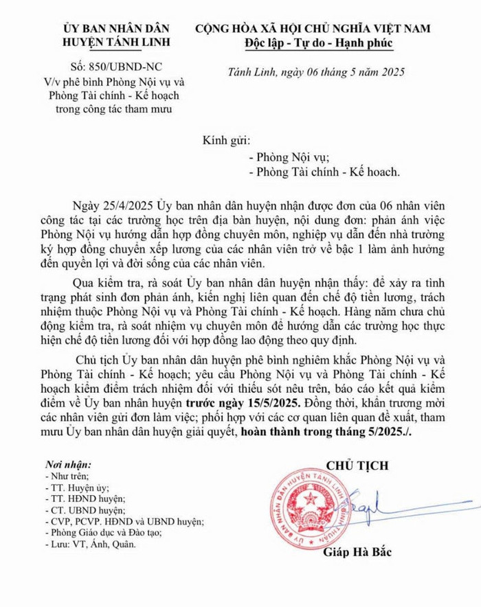 Văn bản phê bình Phòng Nội vụ và Phòng Tài chính - Kế hoạch do Chủ tịch Ủy ban nhân dân huyện Tánh Linh Giáp Hà Bắc ký ngày 6/5/2025. Ảnh: Độc giả cung cấp z6592780748491-53ca6698ddc811094ce76bbeb4fc2d9d.jpg