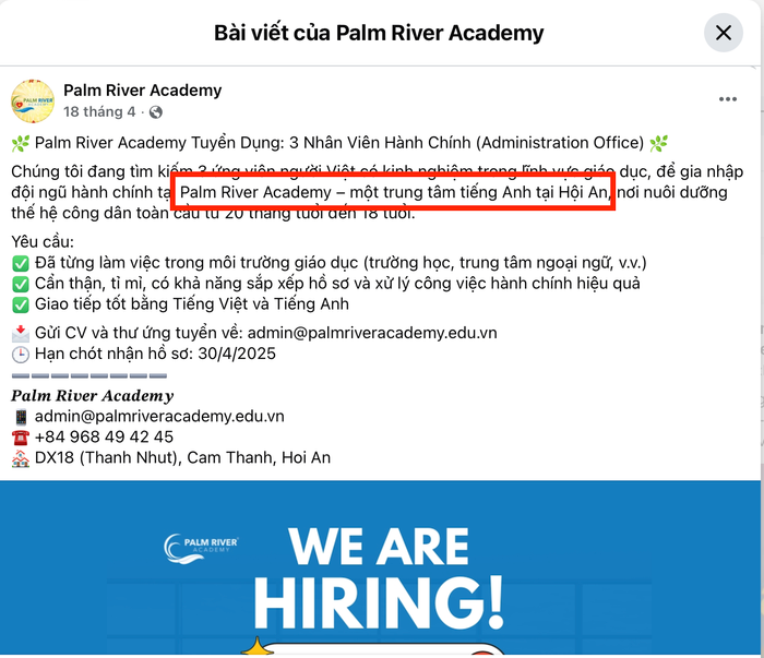 Bài đăng trên fanpage "Palm River Academy" cũng nhấn mạnh lại đây là một trung tâm tiếng Anh. Ảnh chụp màn hình anh-man-hinh-2025-08-07-luc-065429.png