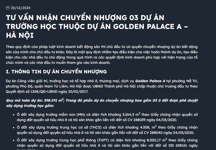 Thông tin chuyển nhượng dự án trường học nằm trong Dự án Công viên giải trí, trường học và tổ hợp nhà ở, thương mại, dịch vụ Golden Palace A tại phường Phú Độ được một website đăng tải. Ảnh chụp màn hình screenshot-2025-05-21-141634-944.png