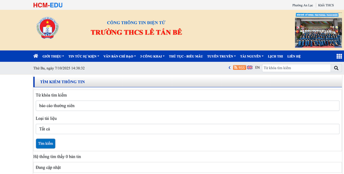 Thông tin hệ thống thông báo khi tìm kiếm theo từ khoá báo cáo thường niên. Ảnh chụp màn hình. le-tan-be.png