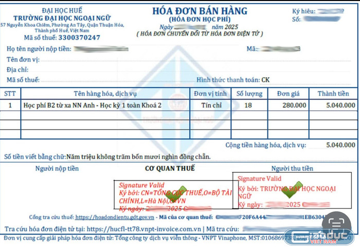 Một biên lai hóa đơn học phí học viên nhận được sau khi đã đóng học phí học kỳ 1 vào tài khoản cá nhân của bà Nguyễn Thị Nga. Ảnh: Độc giả cung cấp gdvn-bien-lai-thu-phi.jpg