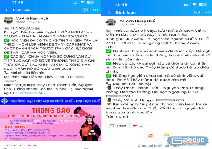 Các thông báo được ông Võ Anh Hùng đăng trên zalo cá nhân vào tháng 2/2025. Ảnh: Độc giả cung cấp gdvn-dhnn-hue-1.png