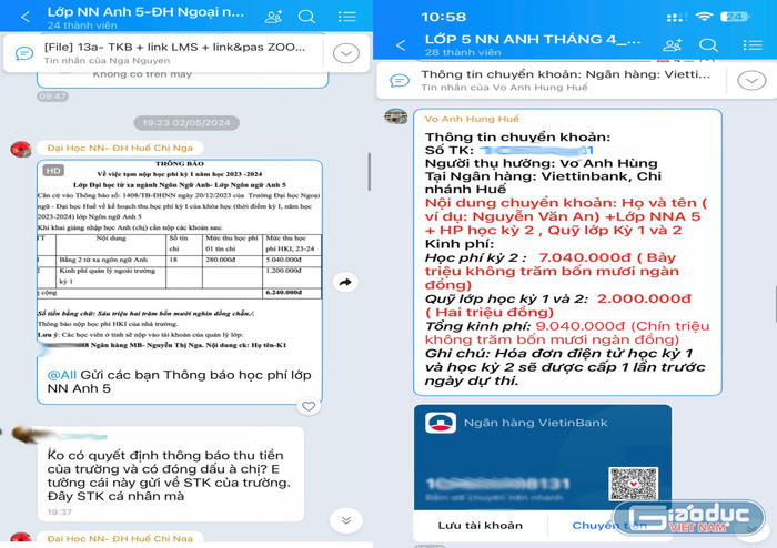 Thông báo gửi cho các học viên trong nhóm zalo chung về việc đóng học phí học kỳ 1 và 2 qua tài khoản cá nhân của bà Nguyễn Thị Nga và ông Võ Văn Hùng. Ảnh: Độc giả cung cấp gdvn-dhnn-hue.jpg