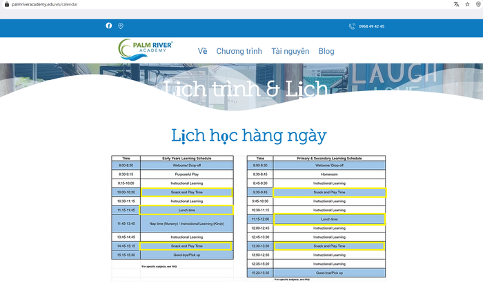 Lịch học hàng ngày tại Palm River, có thể thấy có cột thời gian dành cho việc ăn uống. Ảnh chụp màn hình screenshot-2025-08-05-095909.png