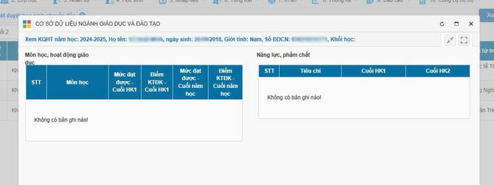 Các thông tin về điểm số và đánh giá của học sinh lớp 1 tại Trường Tiểu học Thăng Long trong năm học 2024 - 2025 hiện đang trống trơn. Ảnh: Phụ huynh cung cấp. bill-gate-1.png
