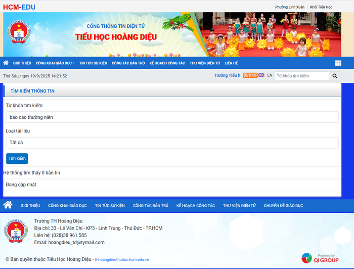 Tra cứu từ khóa "báo cáo thường niên" trên website Trường Tiểu học Hoàng Diệu, hệ thống báo "tìm thấy 0 bản tin". Ảnh chụp màn hình screenshot-2025-09-19-142200.png