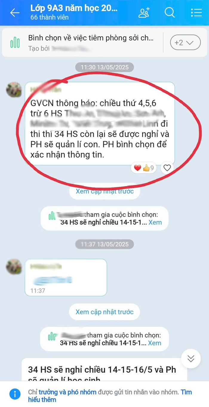 Thông báo trong nhóm Zalo chung của lớp 9A3. Ảnh: Độc giả cung cấp thcspc-1-2.png