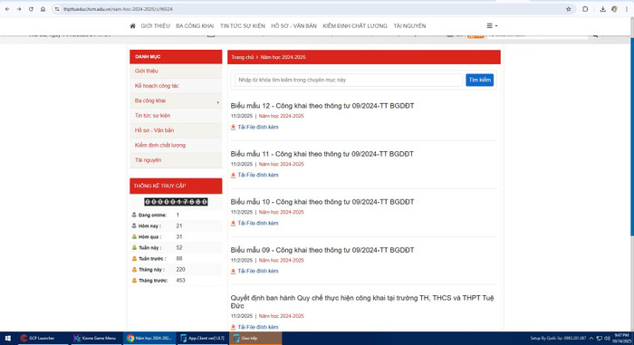 Các biểu mẫu nhà trường công khai cho năm học 2024-2025. Ảnh chụp màn hình