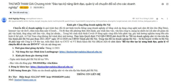 Thư mời tham gia Chương trình "Đào tạo kỹ năng lãnh đạo, quản lý về chuyển đổi số cho doanh nghiệp nhỏ và vừa". Ảnh: NVCC z6933723564719-e48dc367a3d4a4e63a6fcb2af788ee26.jpg