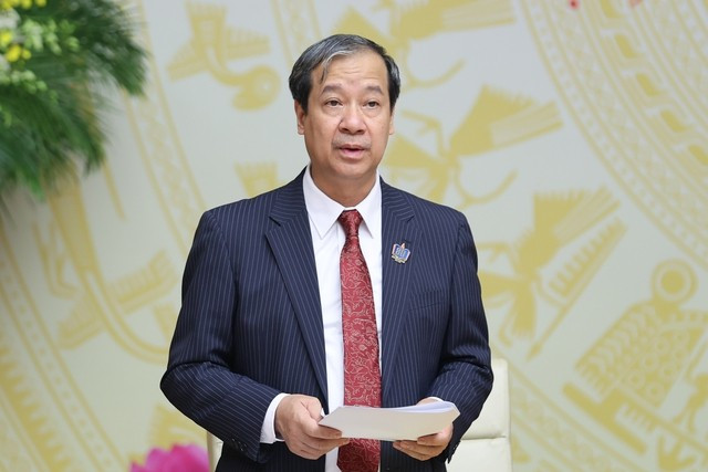 Bộ trưởng Bộ Giáo dục và Đào tạo Nguyễn Kim Sơn phát biểu tại buổi gặp mặt. Ảnh: VGP/Nhật Bắc