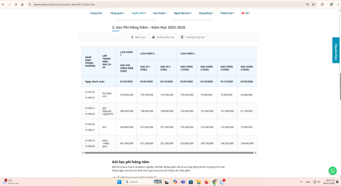 Học phí năm học 2025-2026 đối với bậc mầm non. Ảnh chụp màn hình