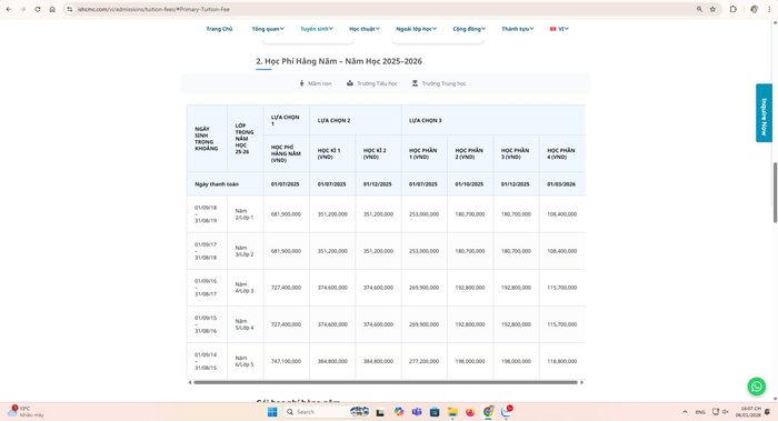 Học phí năm học 2025-2026 đối với bậc tiểu học. Ảnh chụp màn hình
