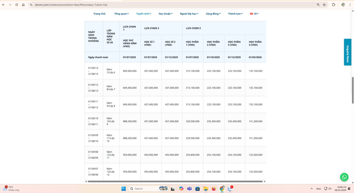 Học phí năm học 2025-2026 đối với bậc trung học. Ảnh chụp màn hình