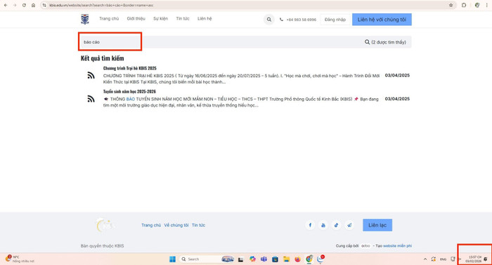 Phóng viên tìm kiếm từ khoá "báo cáo" trên website nhà trường vào ngày 3/2/2026 nhưng không ra kết quả. Ảnh chụp màn hình