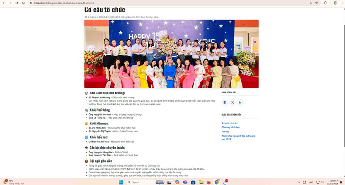 Phần cơ cấu tổ chức trên website nhà trường công khai. Ảnh chụp màn hình